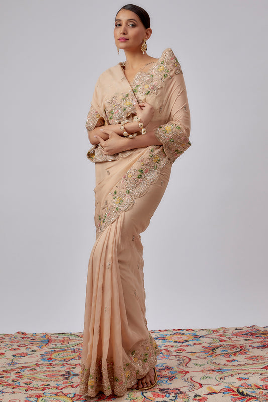beige organza hand embroidered saree set