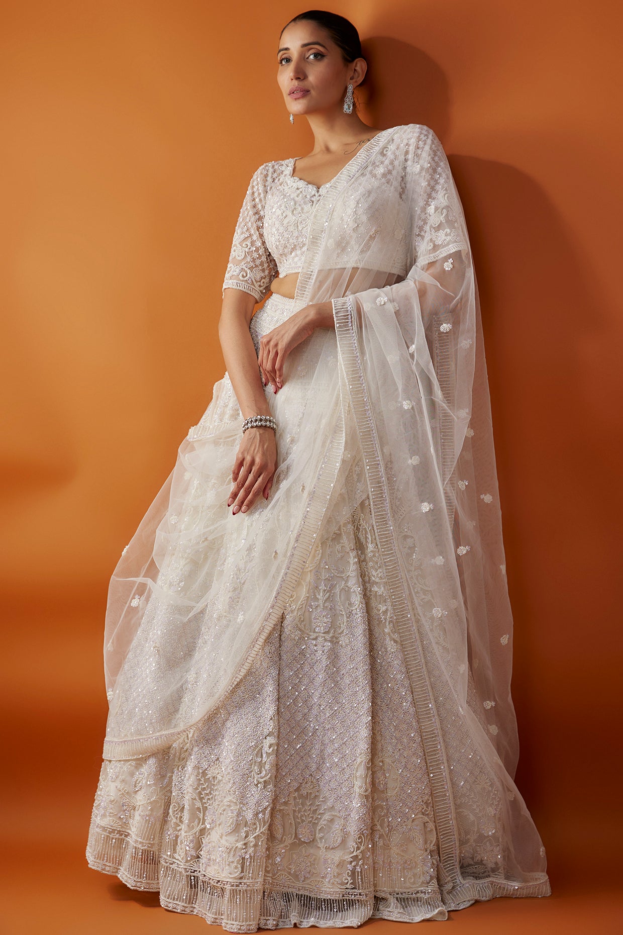 White net boota hand embroidered Bridal lehenga set