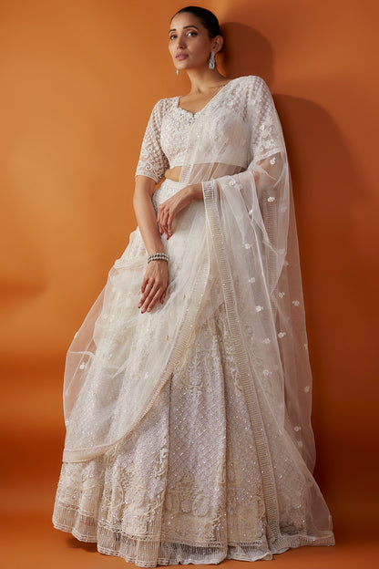 White net boota hand embroidered Bridal lehenga set