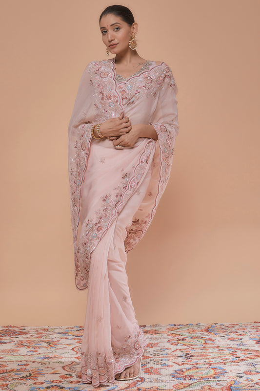 pink organza hand embroidered saree set