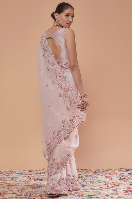 pink organza hand embroidered saree set