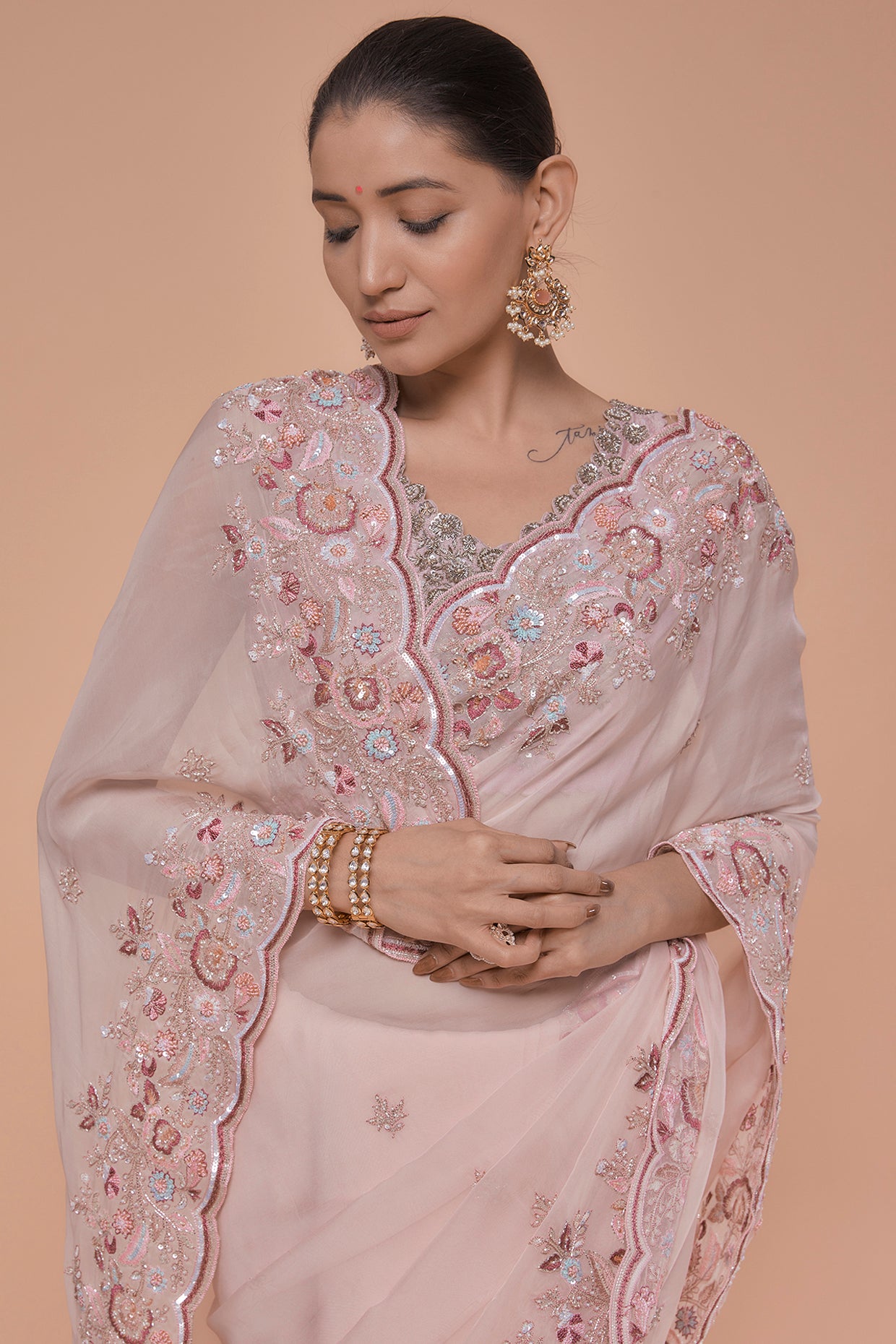 pink organza hand embroidered saree set