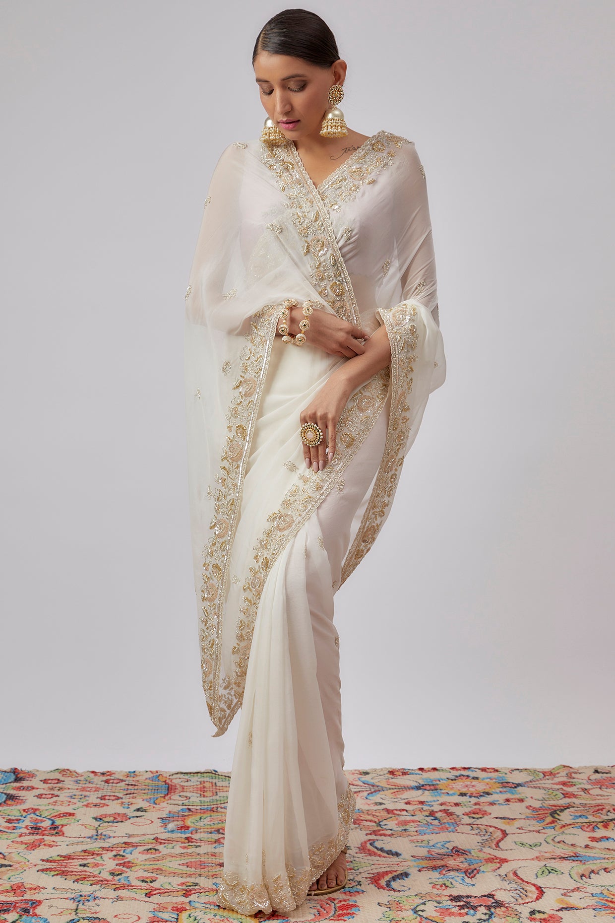 ivory organza hand embroidered saree set
