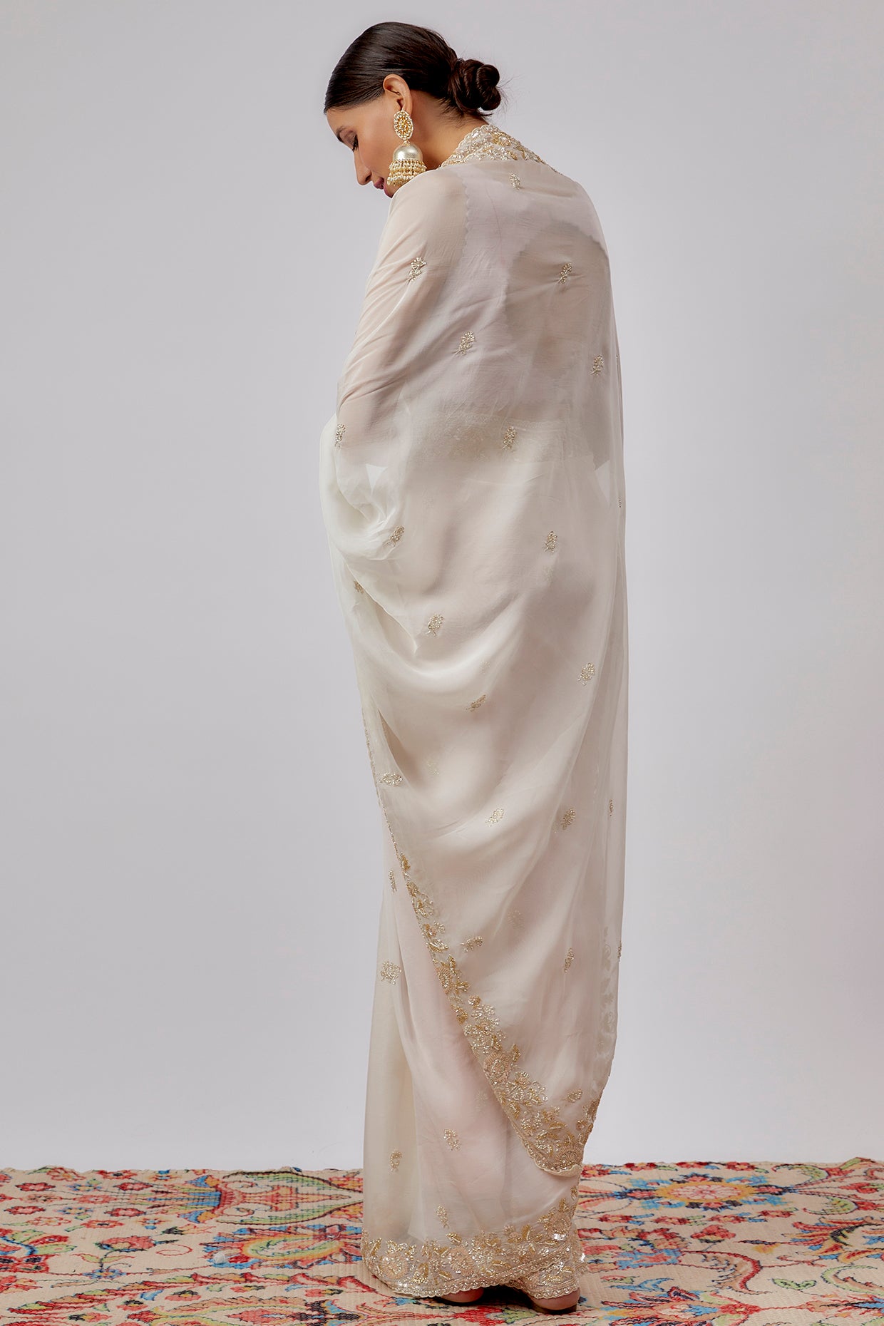 ivory organza hand embroidered saree set