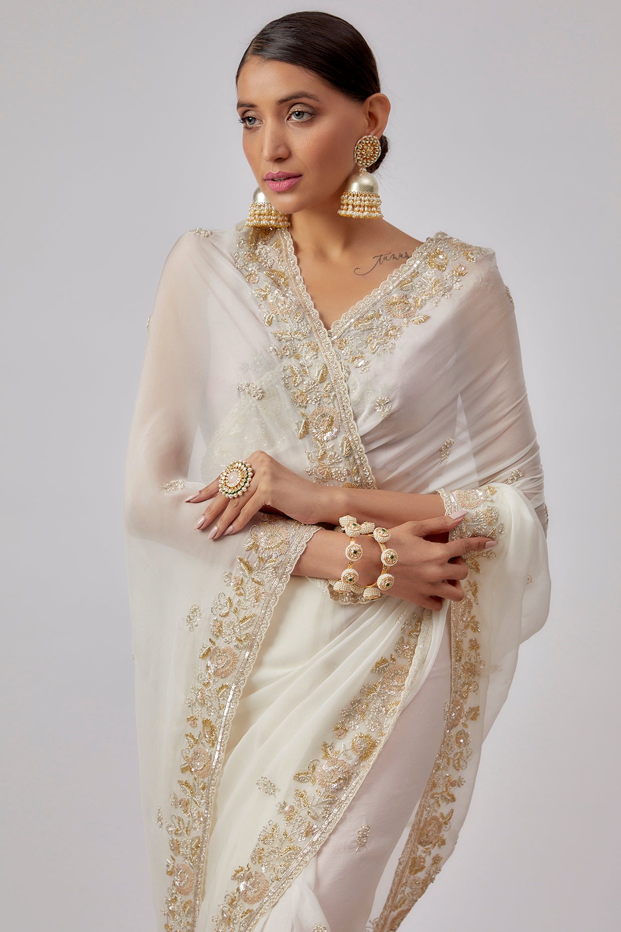 ivory organza hand embroidered saree set