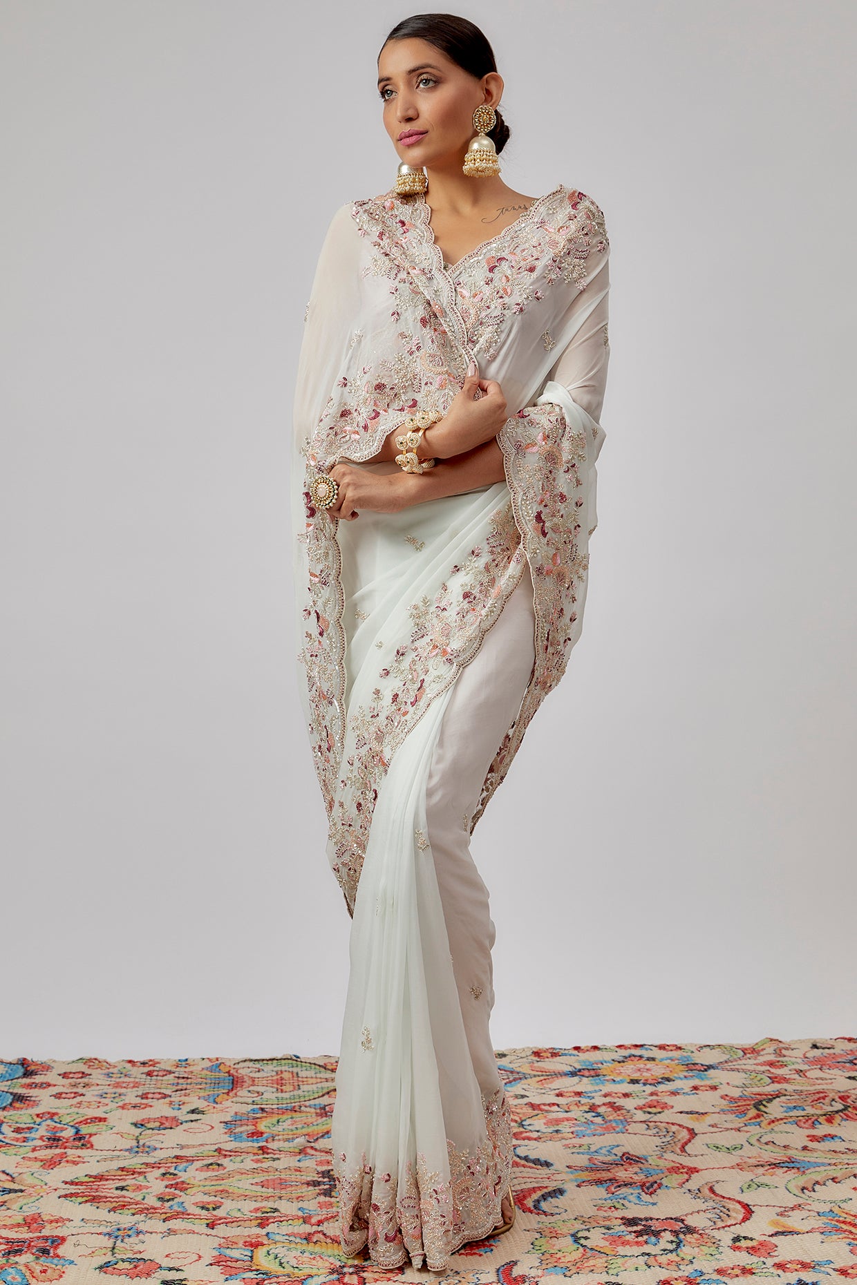 pink organza hand embroidered saree set