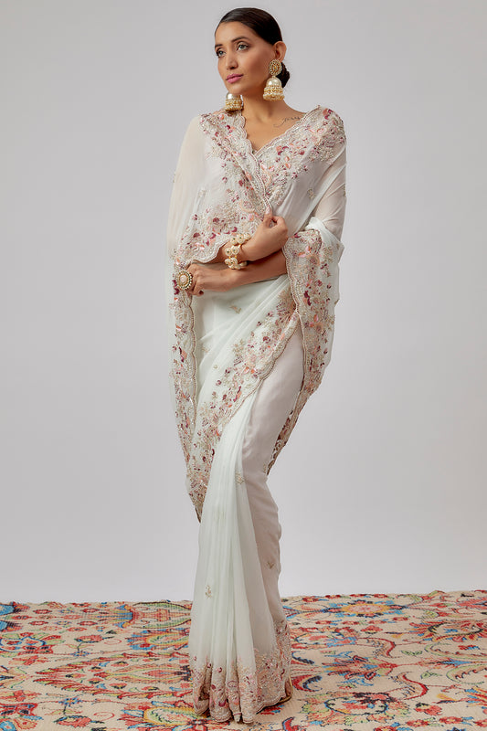 pink organza hand embroidered saree set