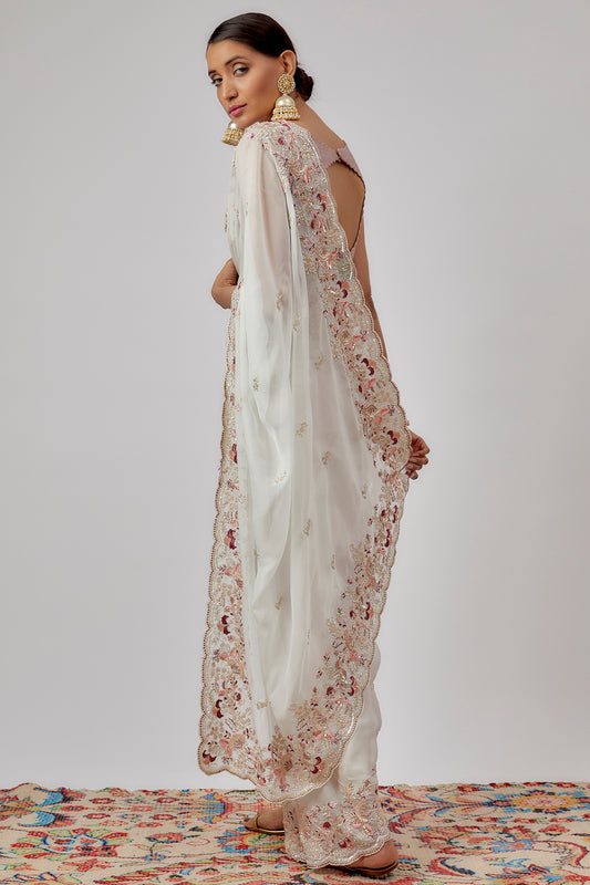 pink organza hand embroidered saree set