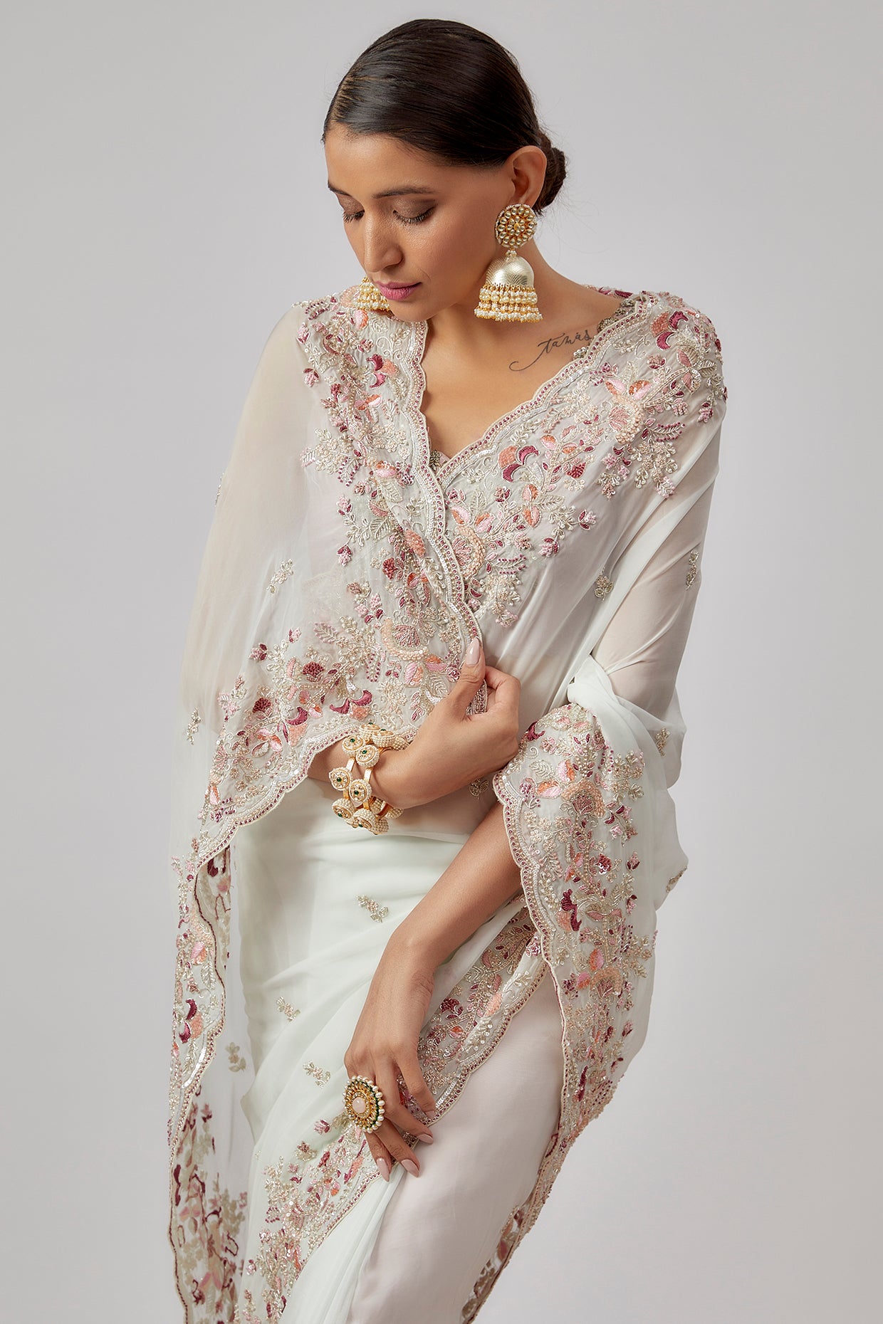 pink organza hand embroidered saree set