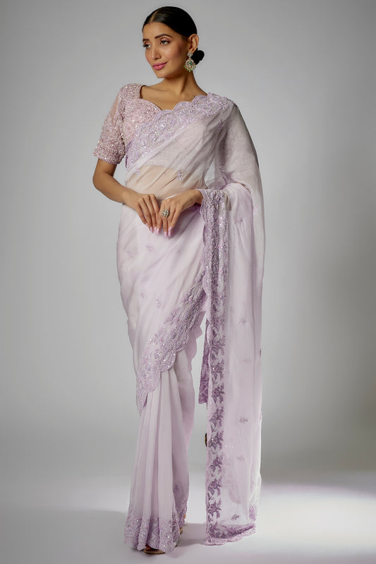 lilac organza crystal embroidered saree set