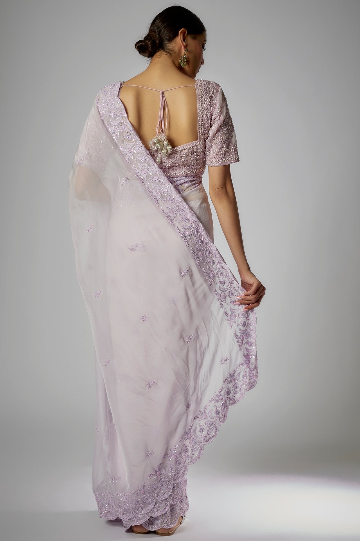 lilac organza crystal embroidered saree set