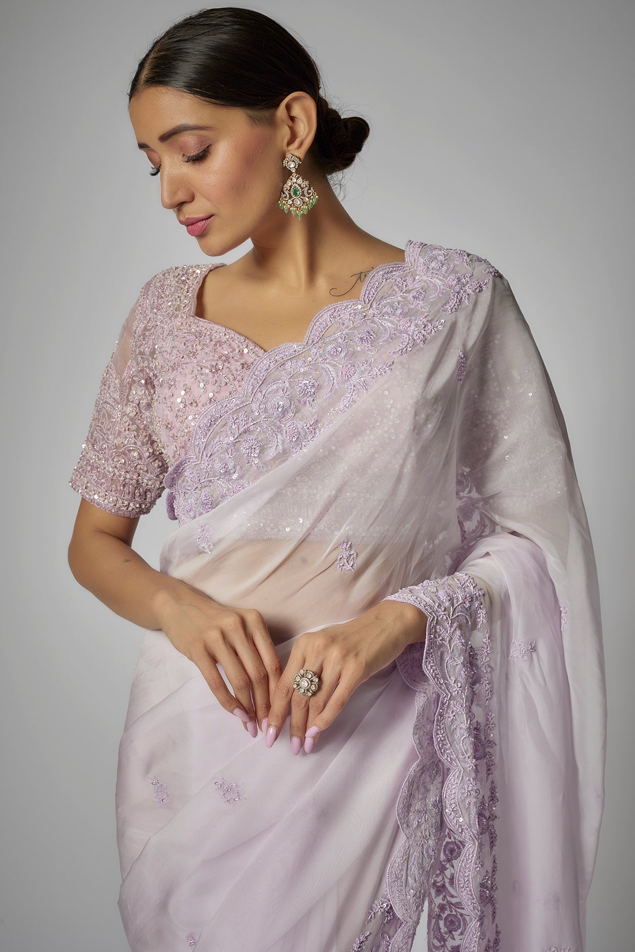 lilac organza crystal embroidered saree set