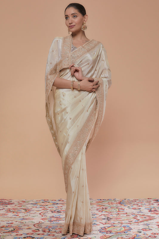 ivory tissue hand embroidered saree set