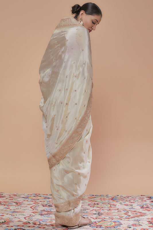 ivory tissue hand embroidered saree set