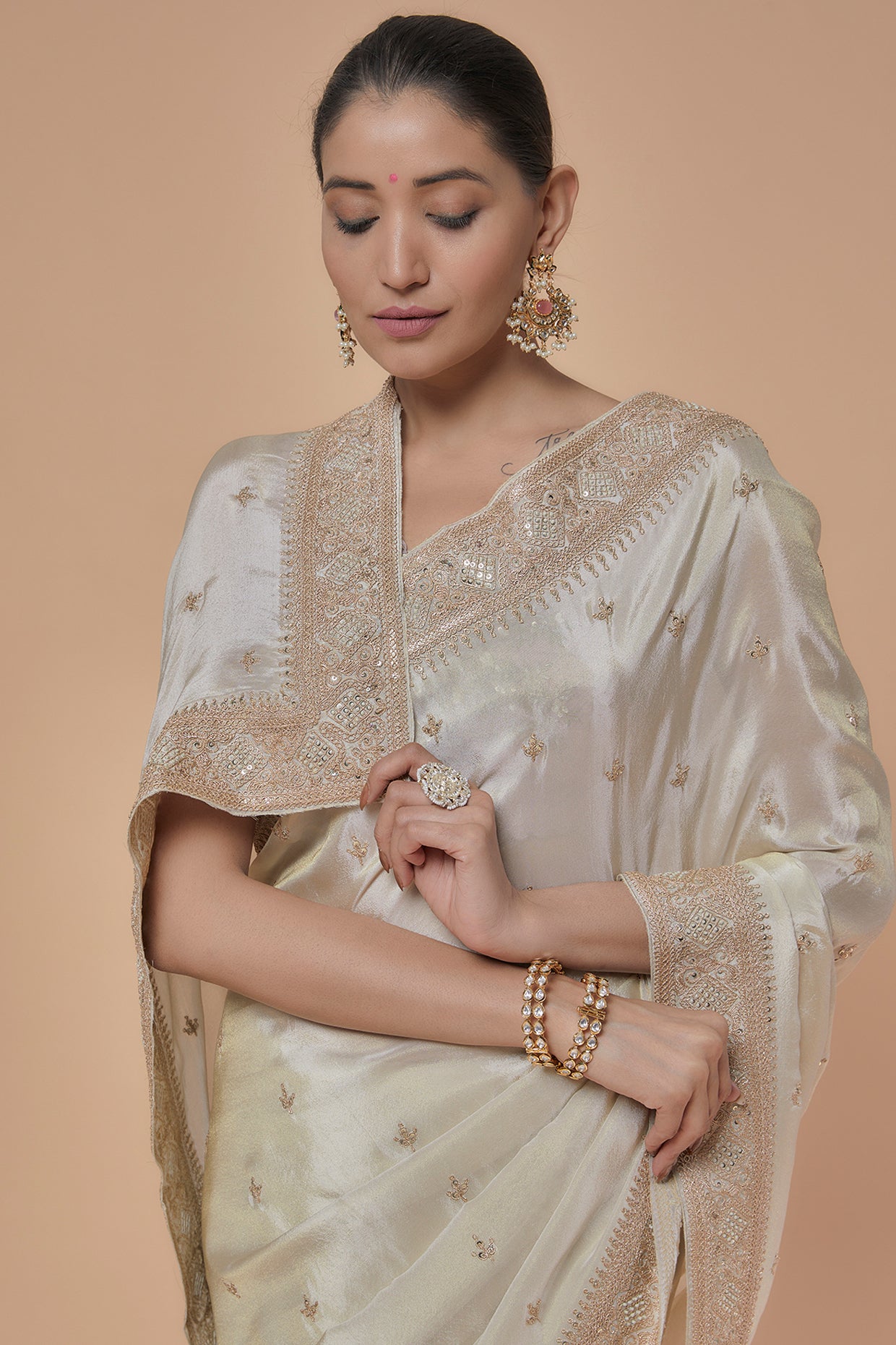 ivory tissue hand embroidered saree set