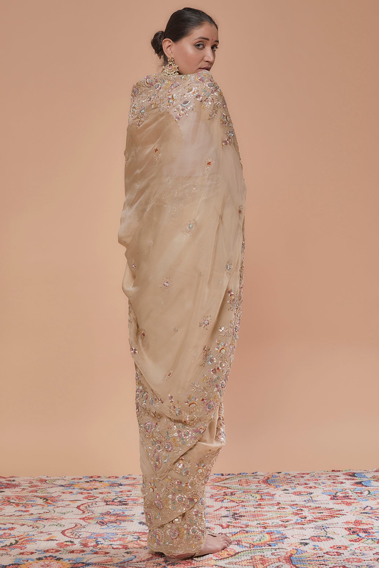 beige pure organza hand embroidered saree set