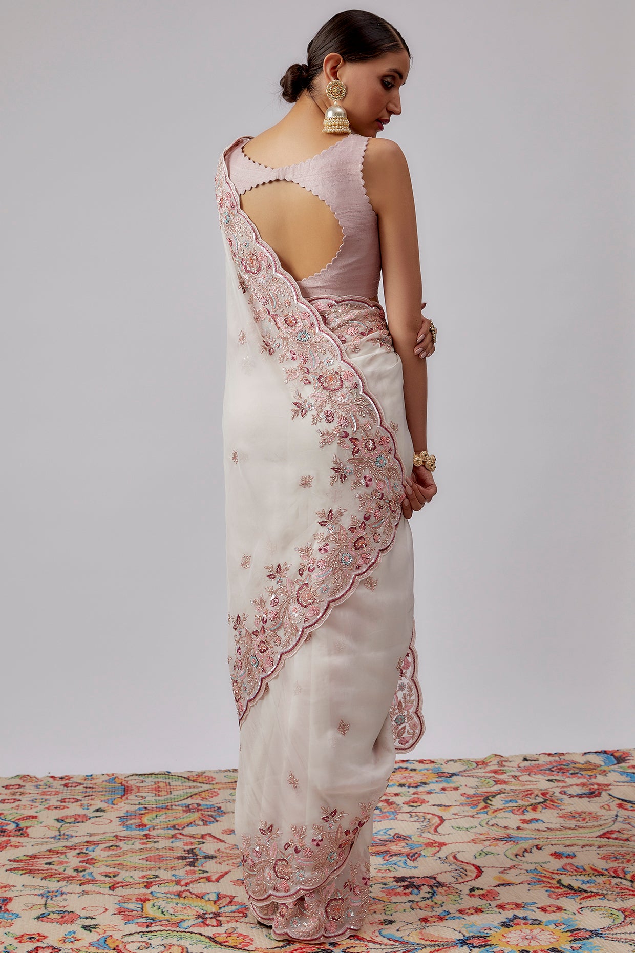 ivory organza hand embroidered saree set