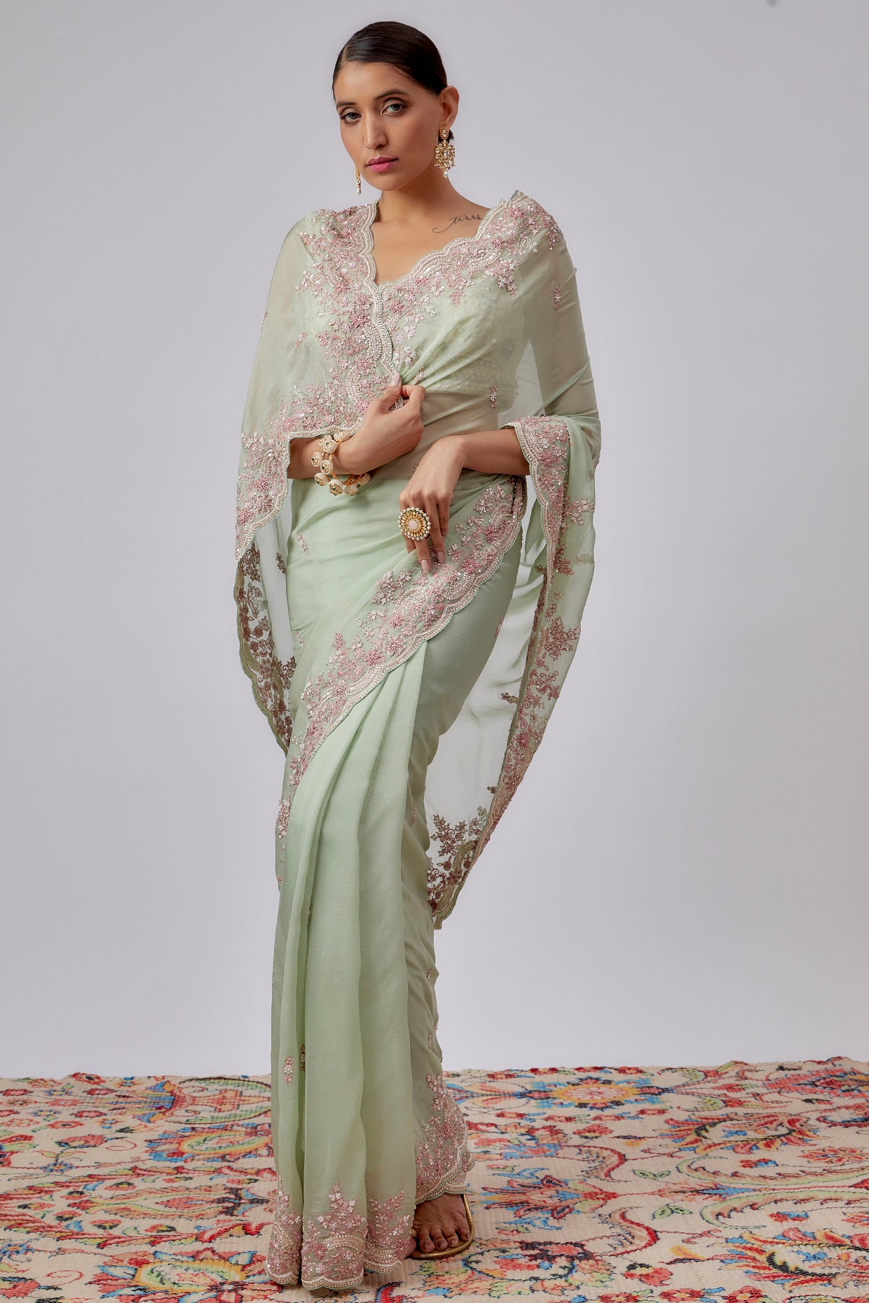 sea green organza hand embroidered saree set