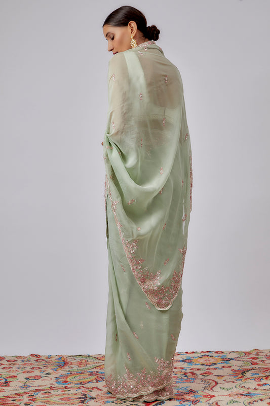 sea green organza hand embroidered saree set