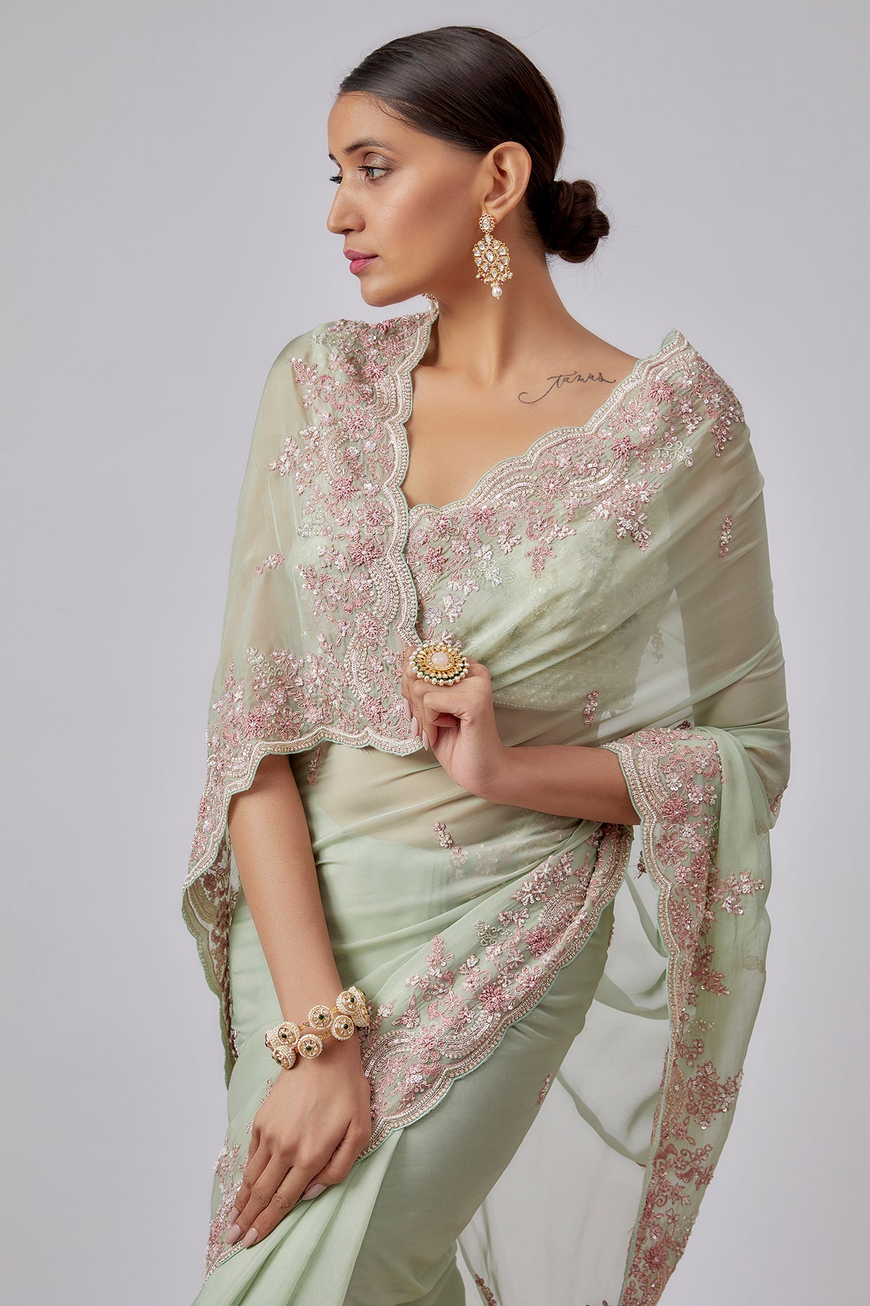 sea green organza hand embroidered saree set