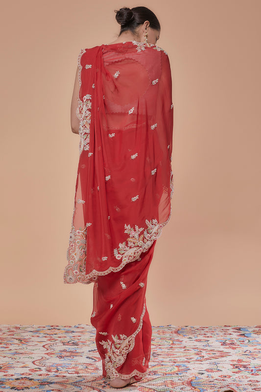red organza hand embroidered saree set