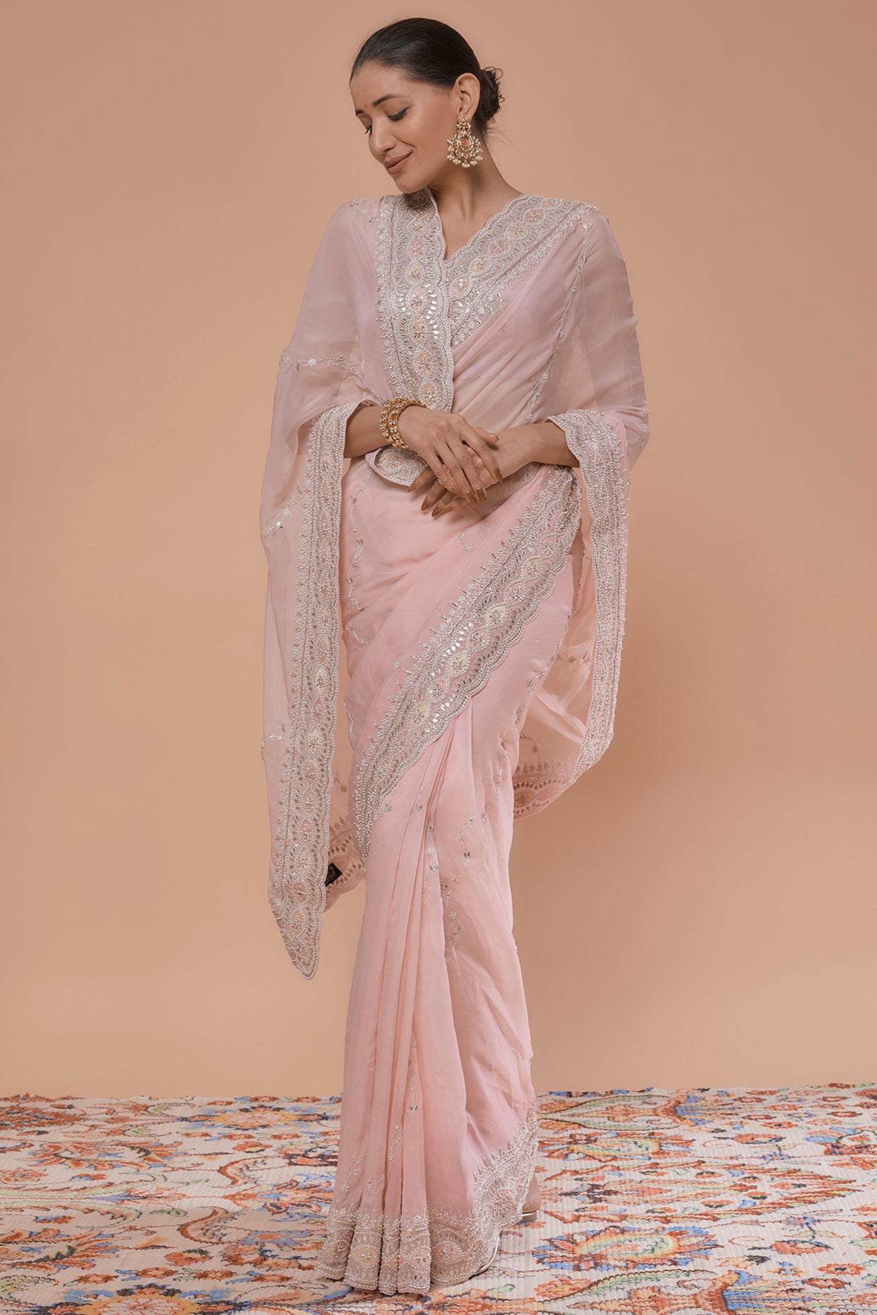 pink pure organza hand embroidered saree set