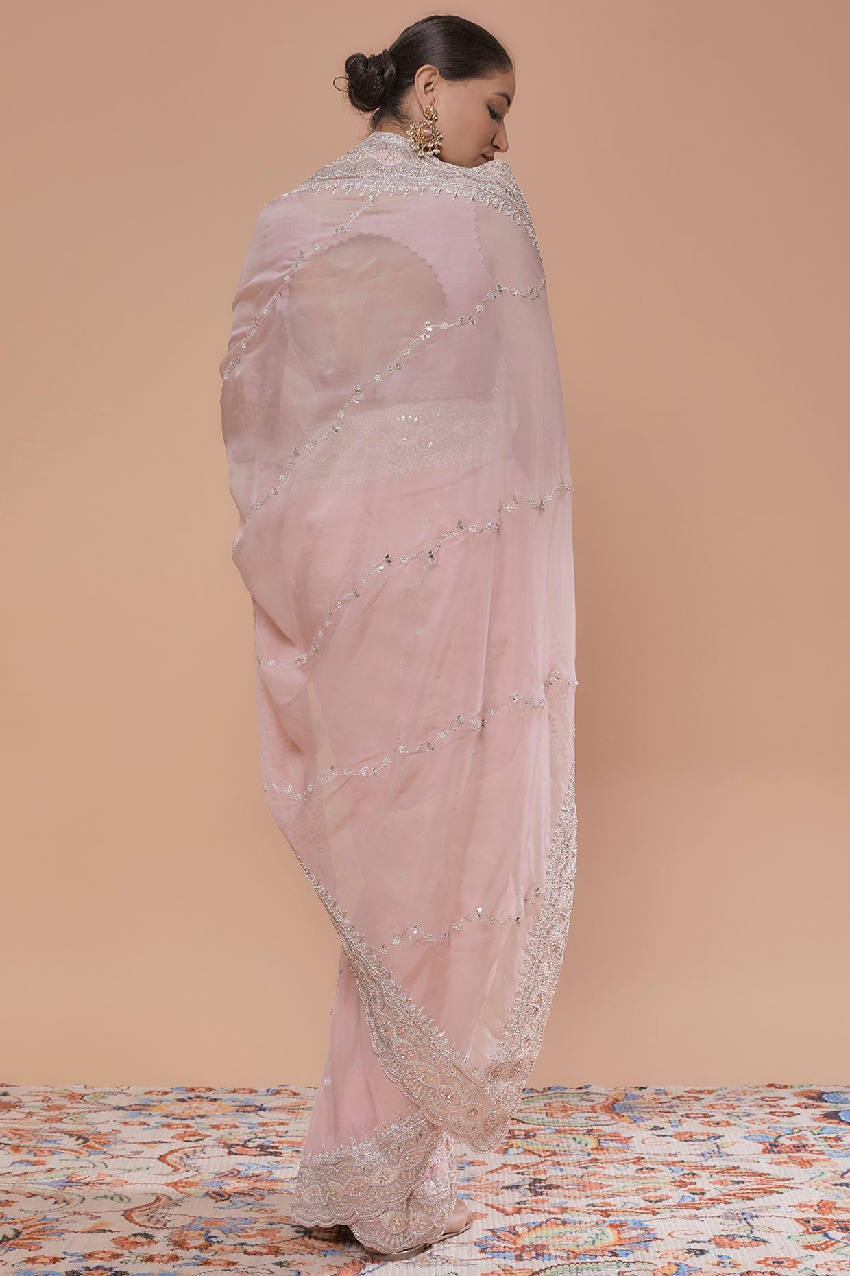 pink pure organza hand embroidered saree set