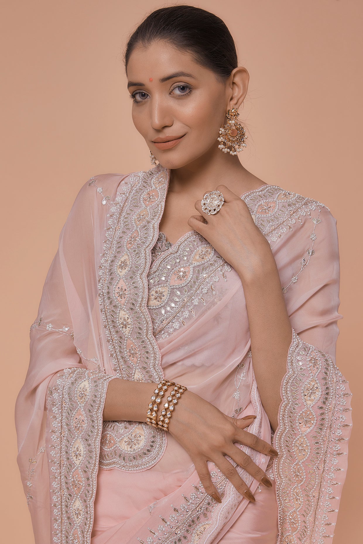 pink pure organza hand embroidered saree set