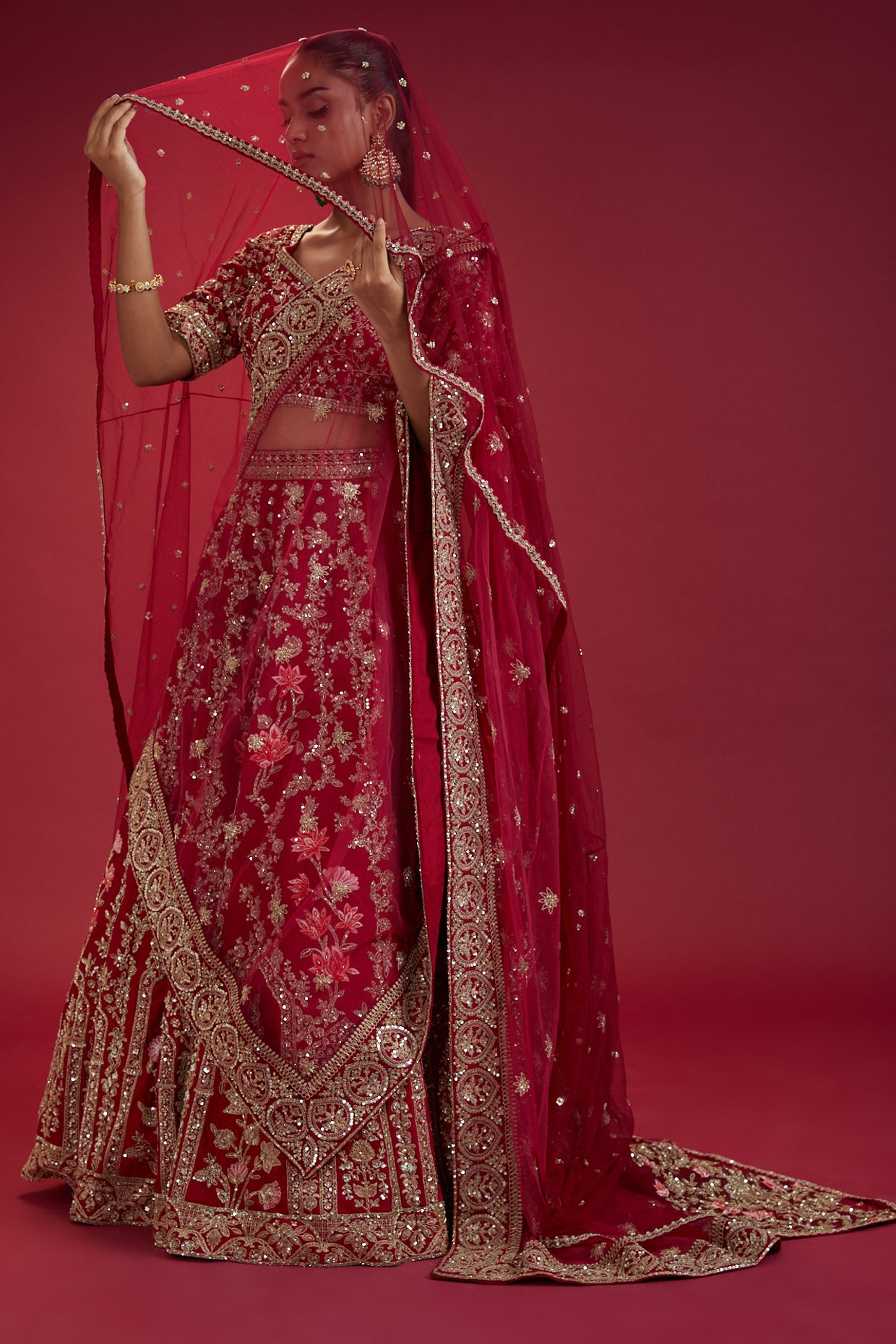 red raw silk hand embroidered lehenga set