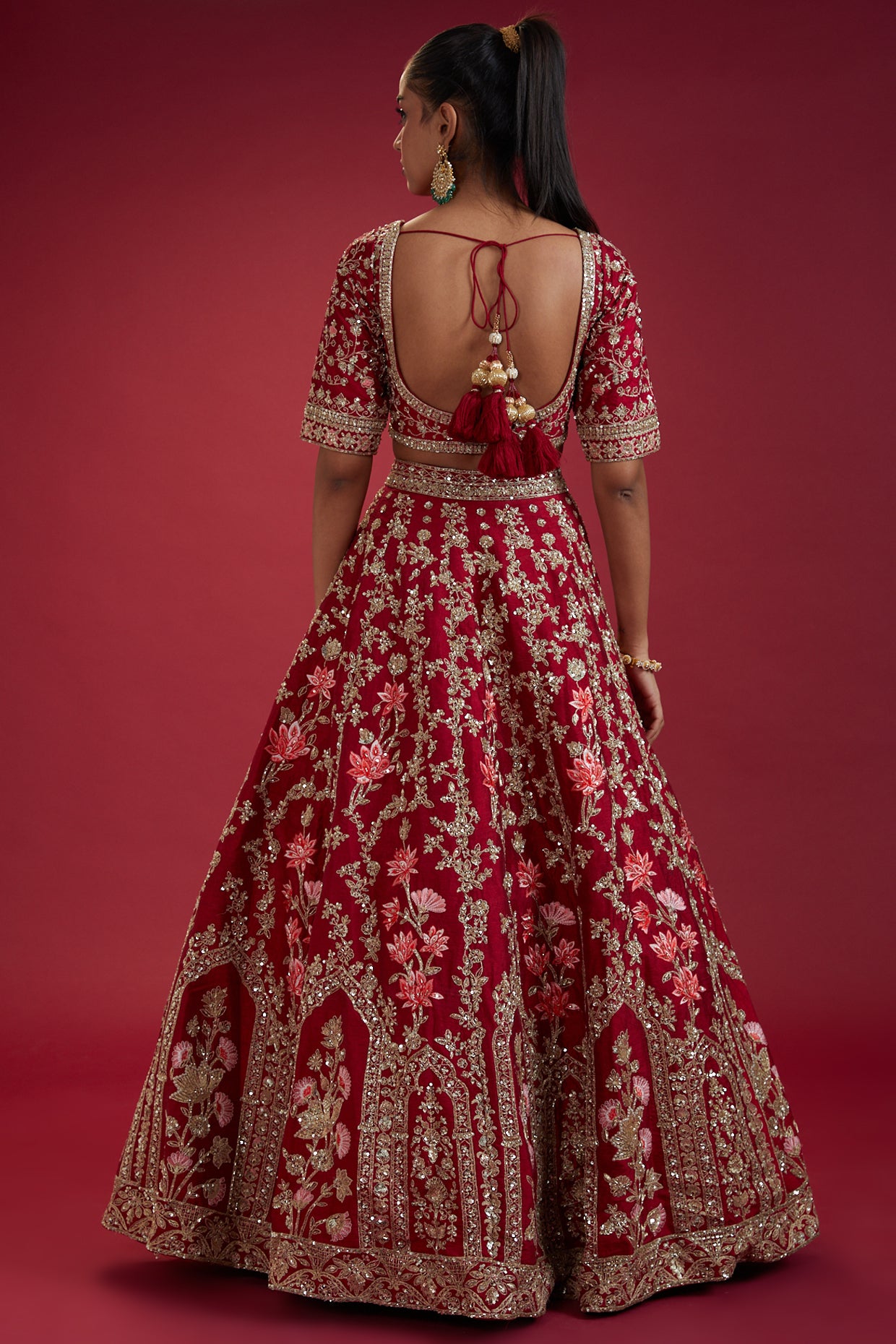 red raw silk hand embroidered lehenga set