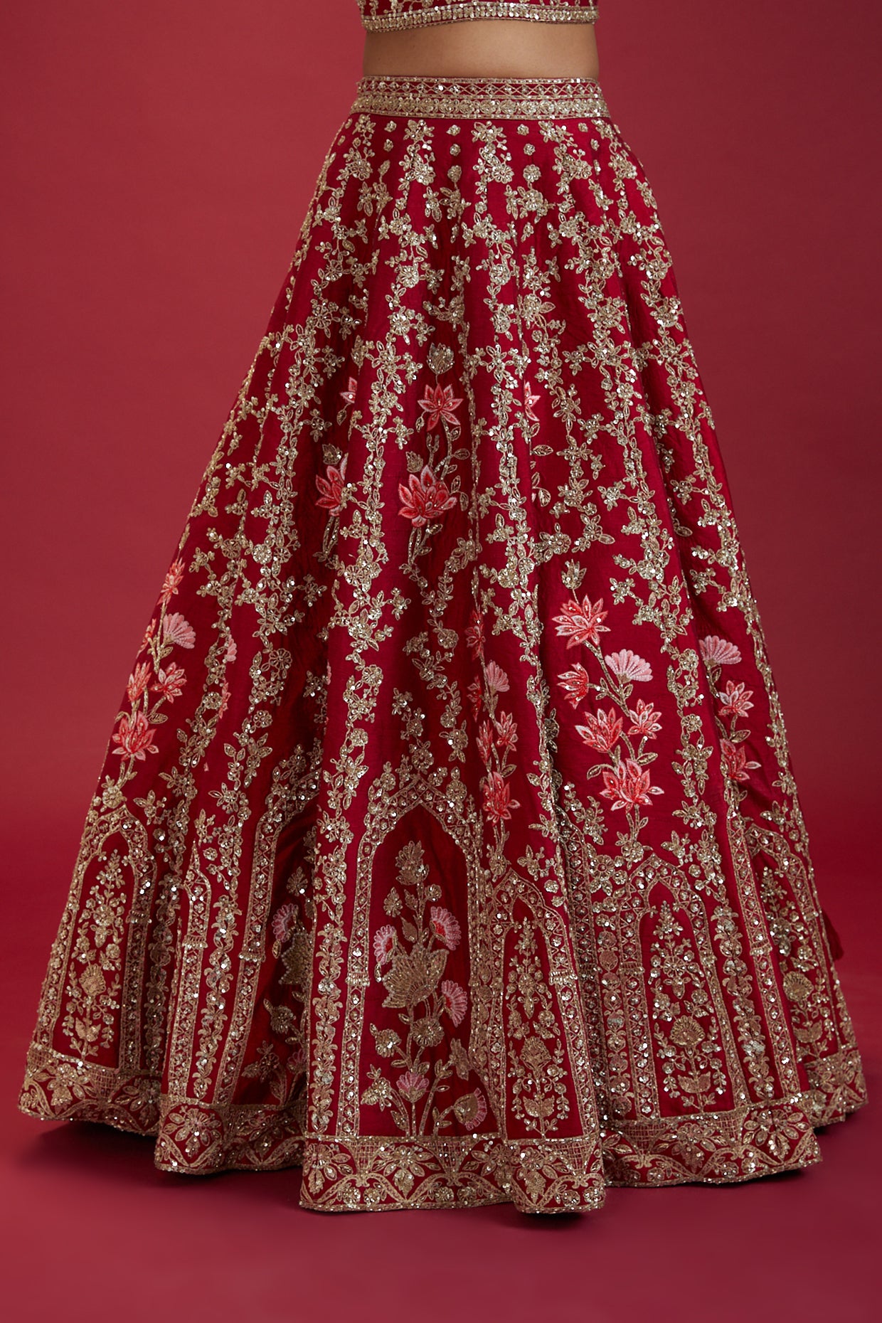 red raw silk hand embroidered lehenga set