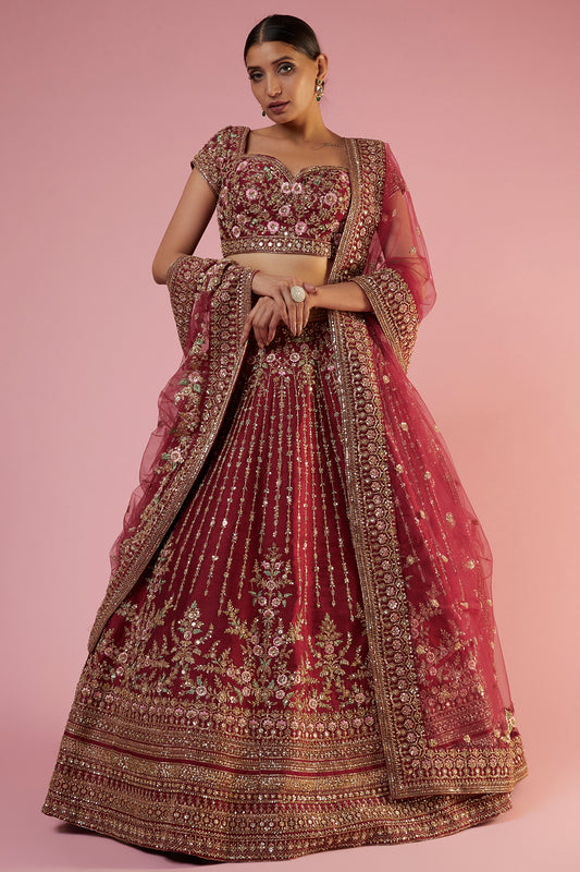 maroon raw silk embroidered lehenga set