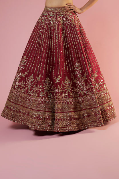 maroon raw silk embroidered lehenga set