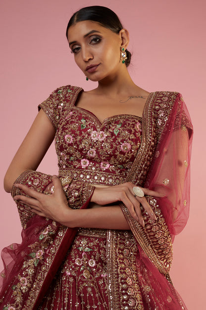 maroon raw silk embroidered lehenga set