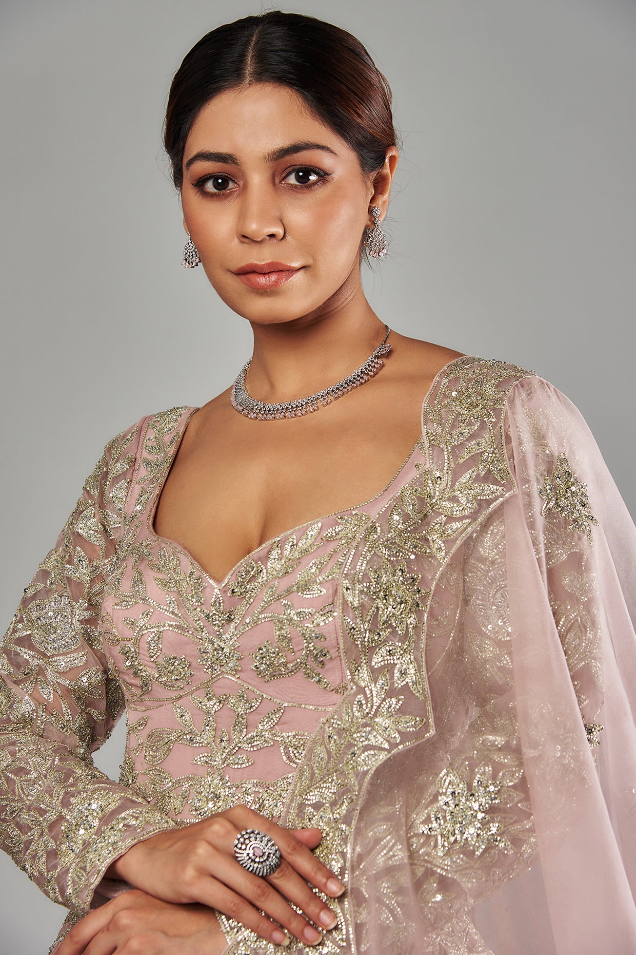 blush pink organza embroidered gown