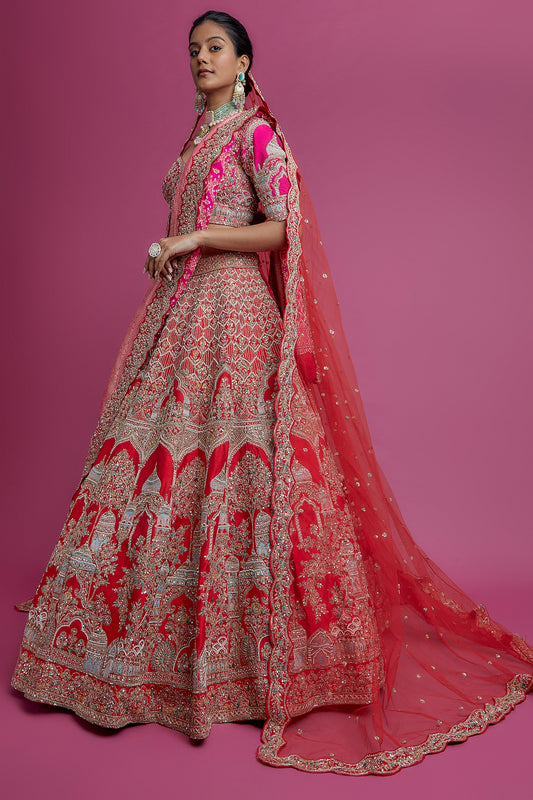 red raw silk embroidered lehenga set