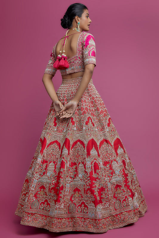 red raw silk embroidered lehenga set
