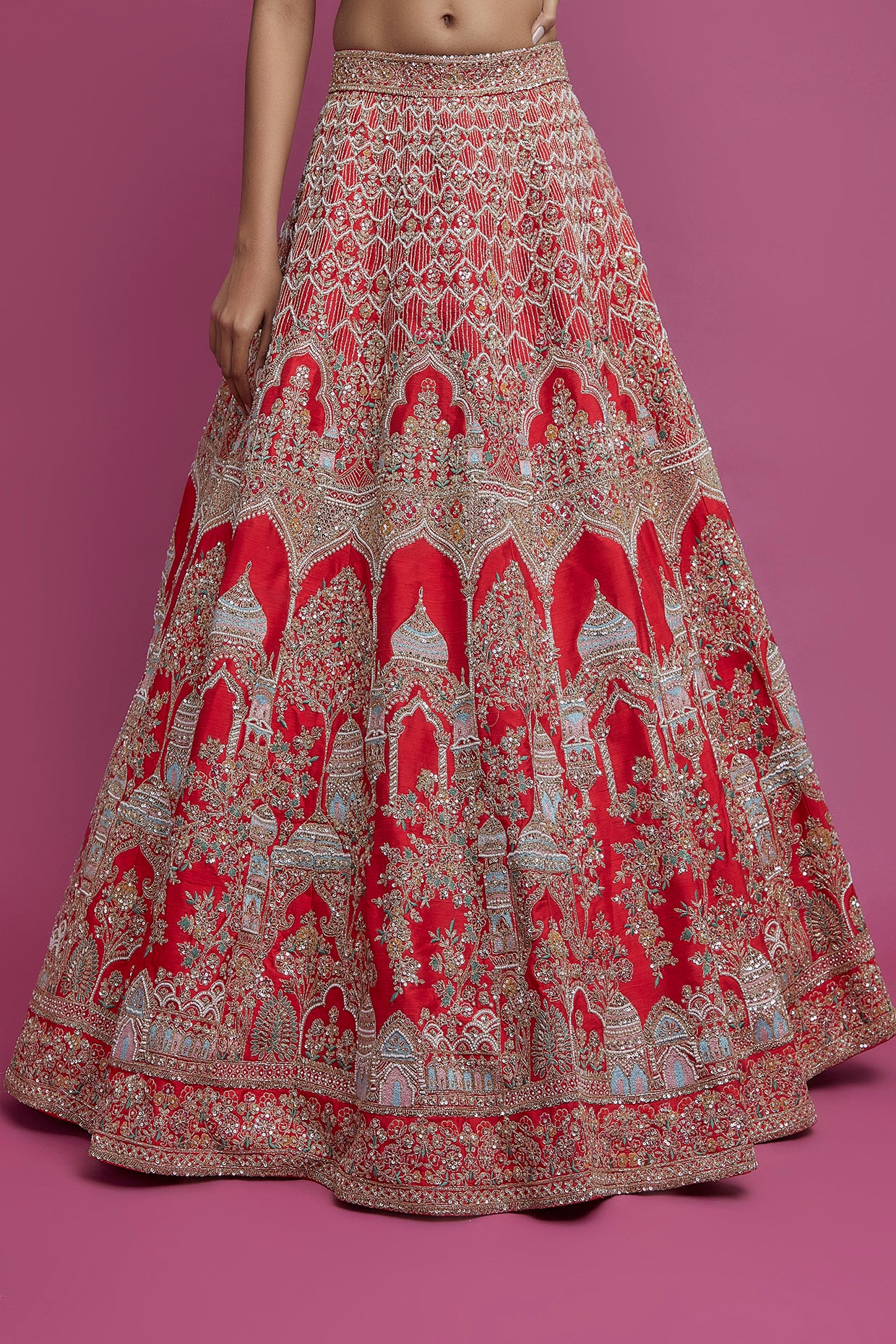 red raw silk embroidered lehenga set