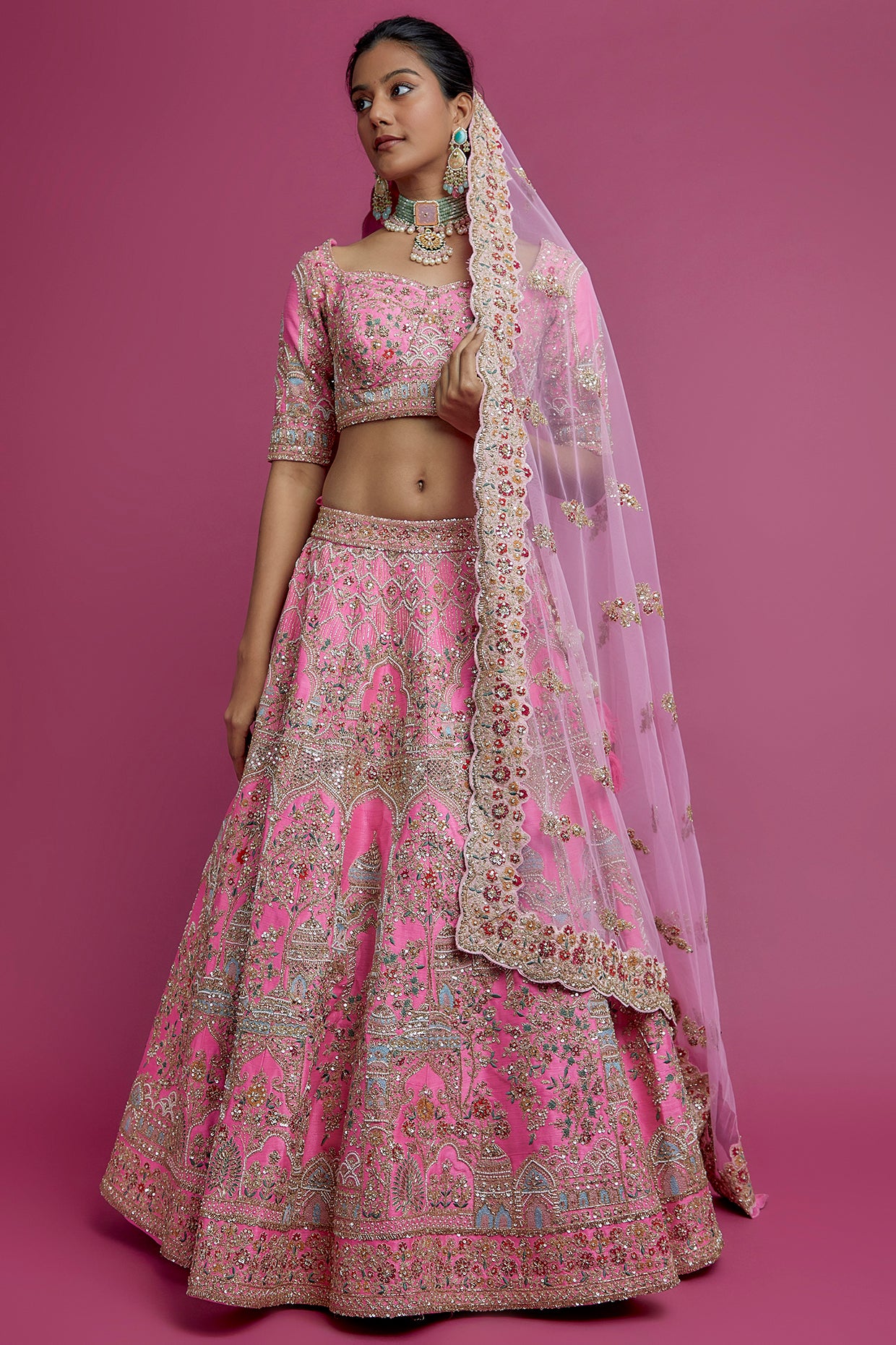 pink raw silk embroidered lehenga set