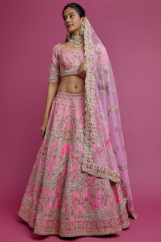 pink raw silk embroidered lehenga set