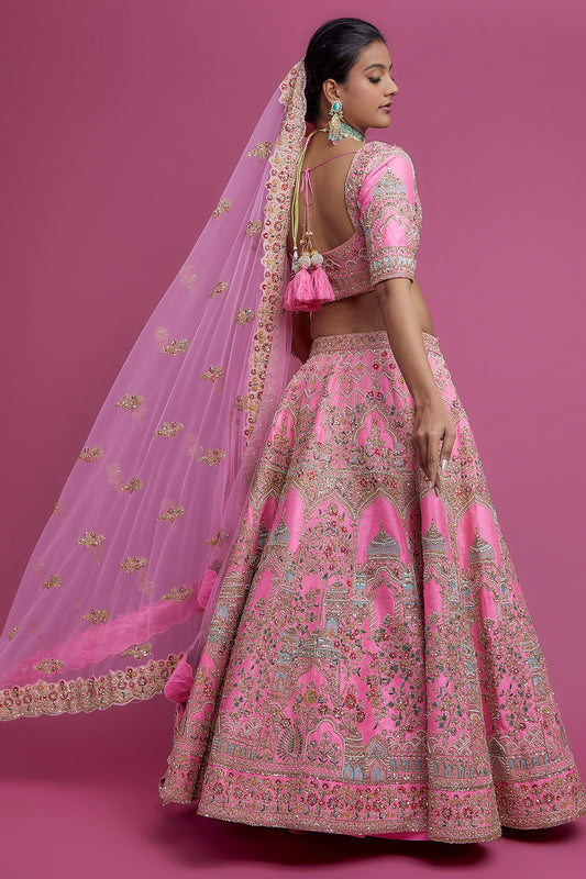 pink raw silk embroidered lehenga set