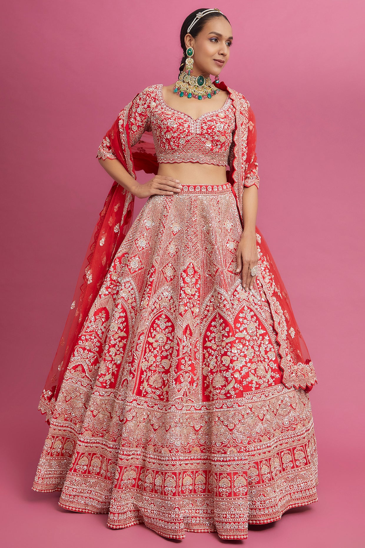 red raw silk embroidered lehenga set
