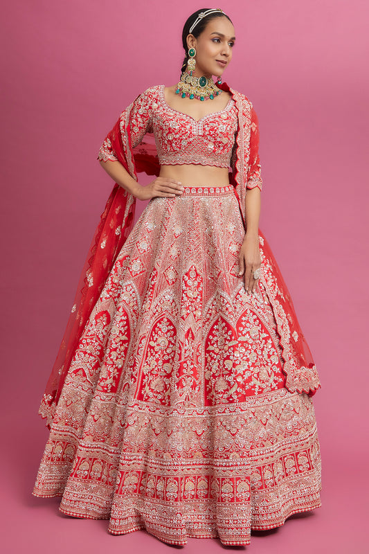 red raw silk embroidered lehenga set