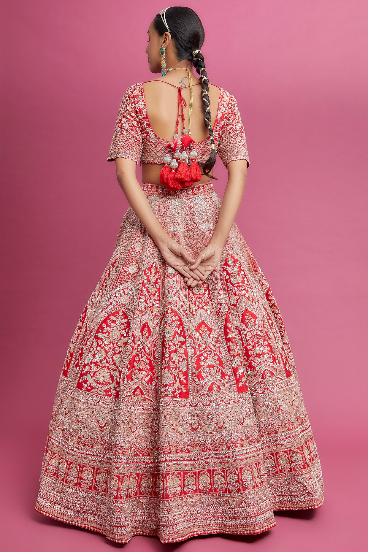 red raw silk embroidered lehenga set