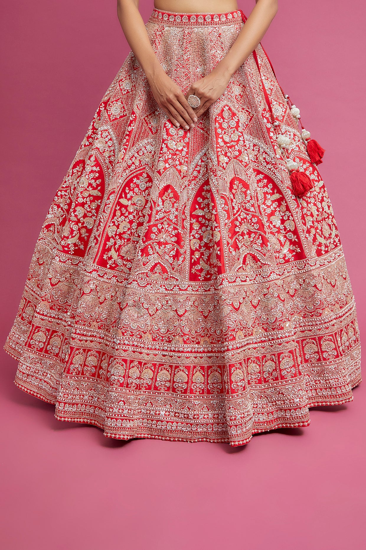 red raw silk embroidered lehenga set