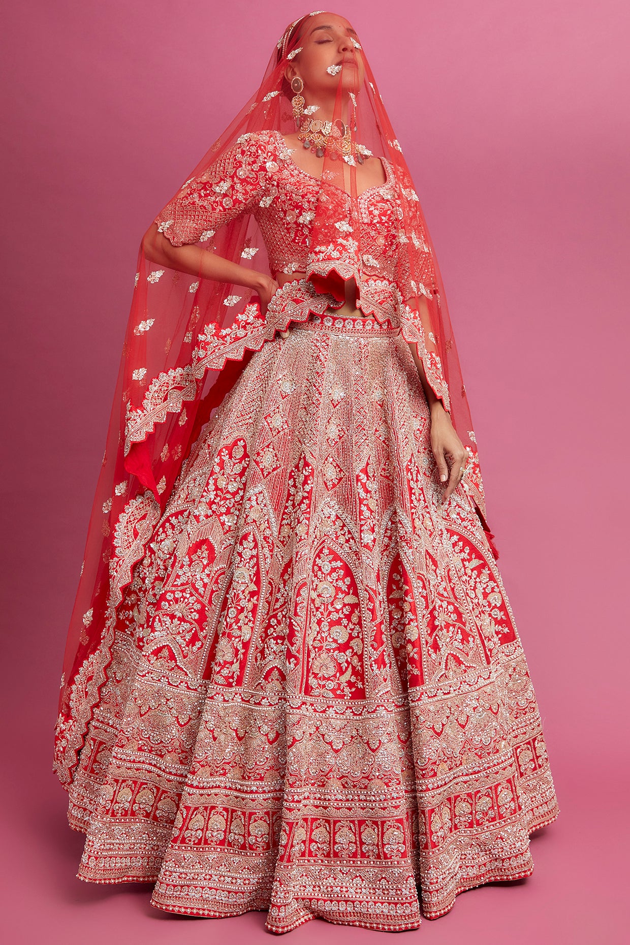 red raw silk embroidered lehenga set