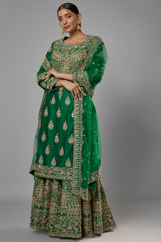 green chanderi embroidered sharara set
