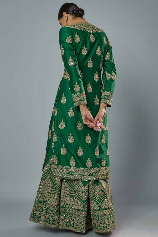 green chanderi embroidered sharara set
