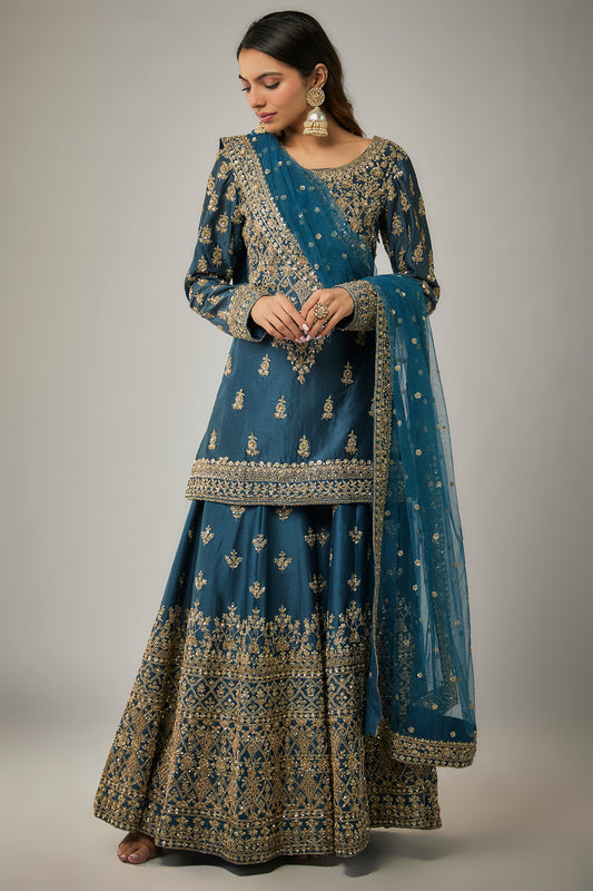 teal blue chanderi silk aari hand & machine embroidered sharara set