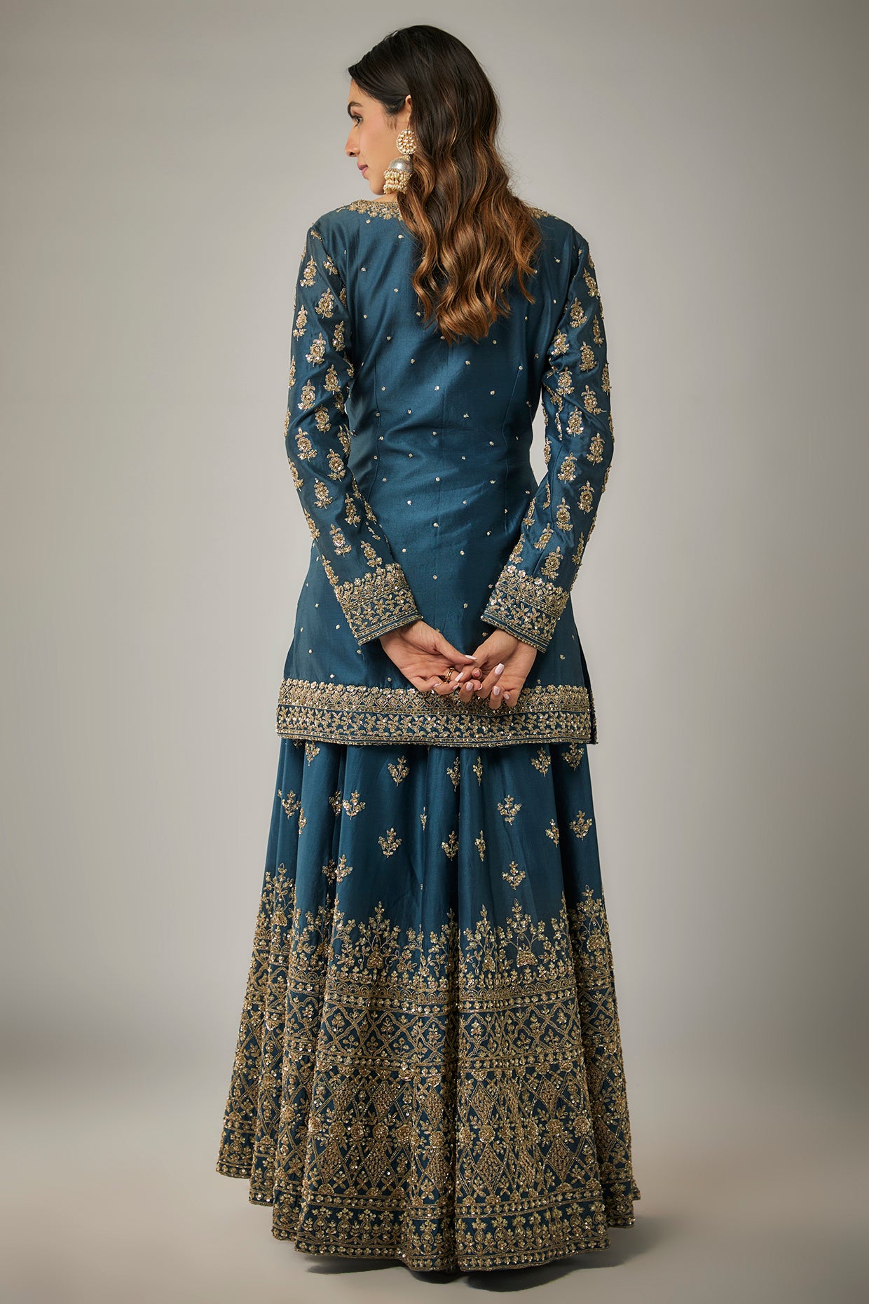 teal blue chanderi silk aari hand & machine embroidered sharara set